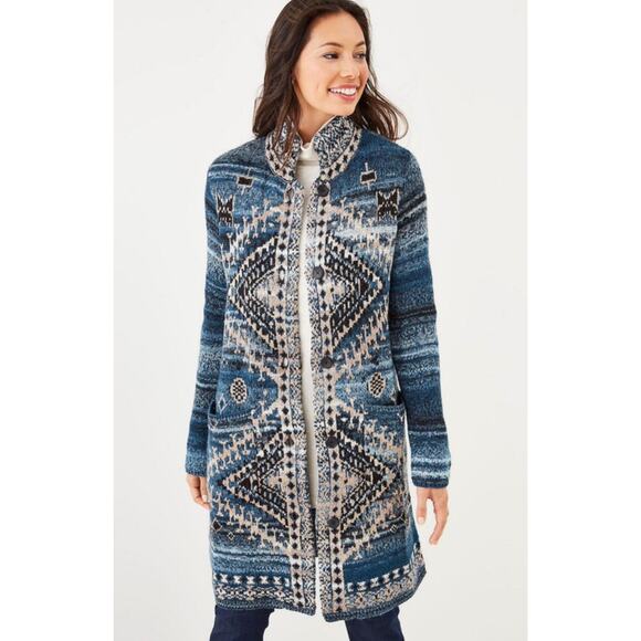 J. Jill Wool Blend Blue Fair Isle Chunky Knit Long Cardigan - Picture 1 of 11